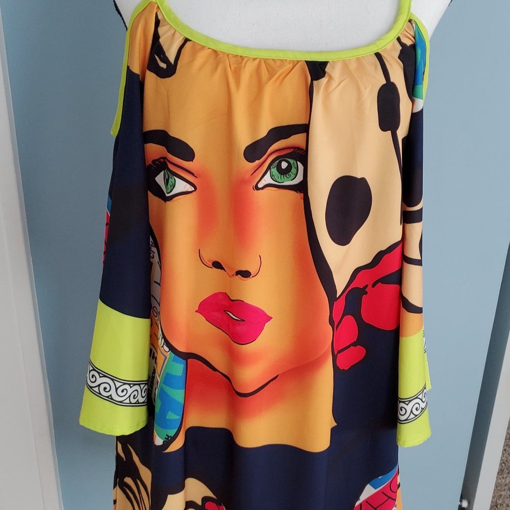 Art printed summer dress 3/4 sleeve open shoulder summer dress M Y2k Dress